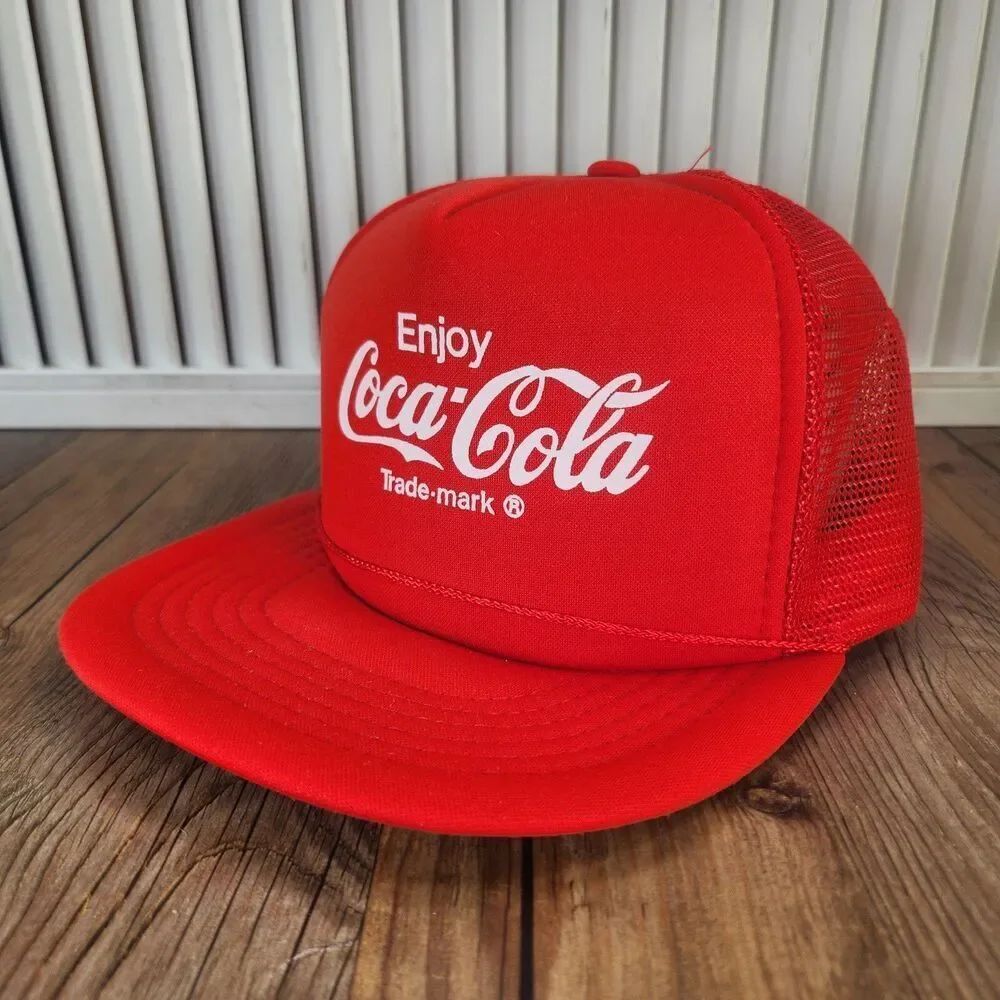VTG Coca-Cola Replay Snapback Foamie Trucker Hat Cap Red Mesh Soft Drink 90s Ad